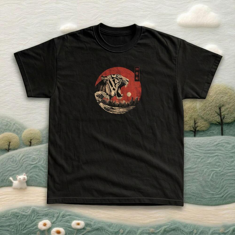 Roaring Tiger Japanese Ukiyo E Black Graphic Tee